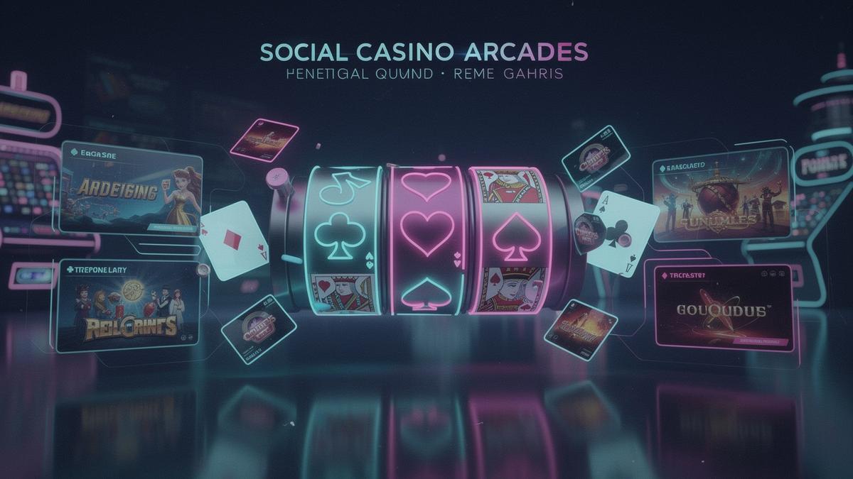 Neon social casino arcade interface with abstract cards and reels